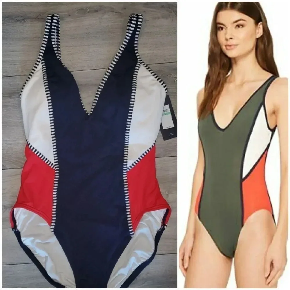Tommy Hilfiger Womens Nomad Color Block V-Neck One Piece red navy white swimsuit